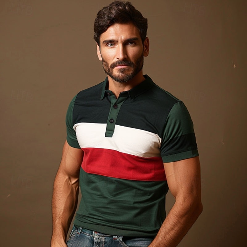 Men's Striped Rugby Polo Short Sleeve Polo Shirts Collared Shirts Casual School Outdoor Sports Daily Wear 3D Print Summer Army Green