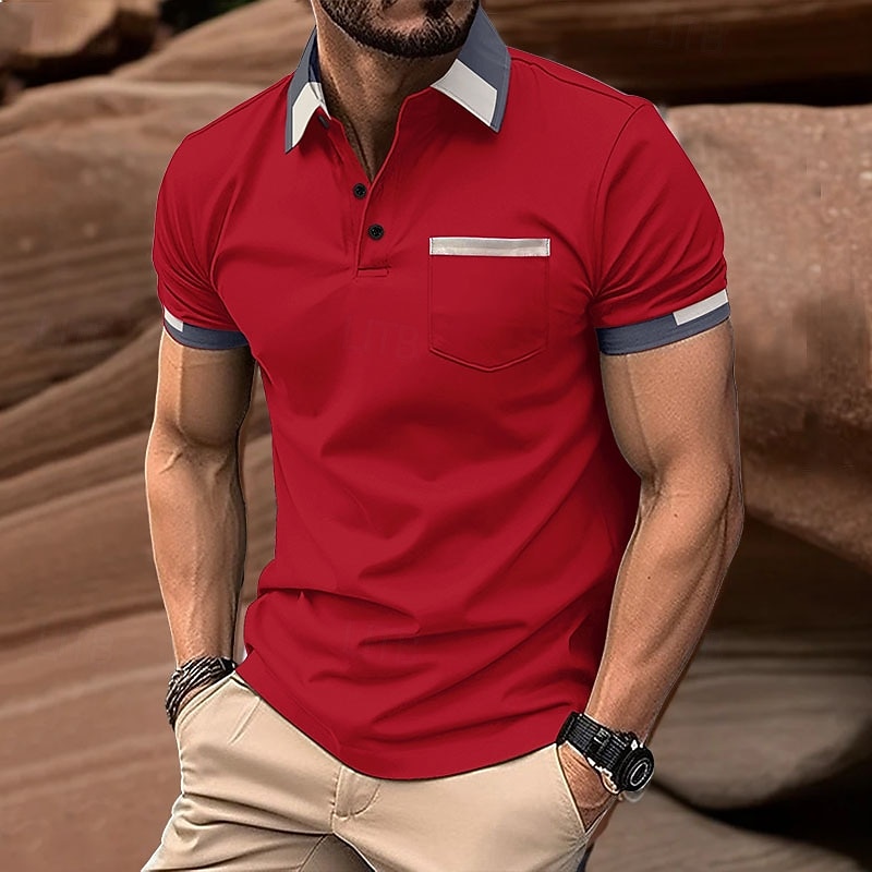 Men's Polo Business Polo Business Casual Lapel Classic Short Sleeve Color Block Stripes Buttons Summer Spring &  Fall Black Red Khaki Gray Polo