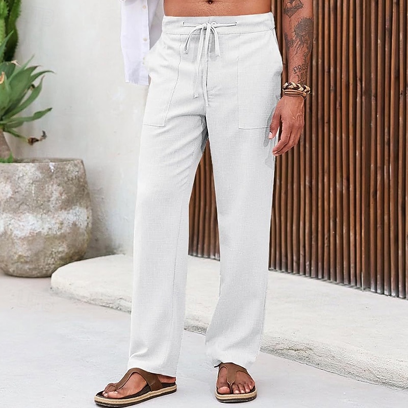 Men's Linen Pants Trousers Summer Pants Beach Pants Drawstring Front Pocket Straight Leg Plain Comfort Breathable Full Length Casual Daily Holiday Vacation Fashion Black White4