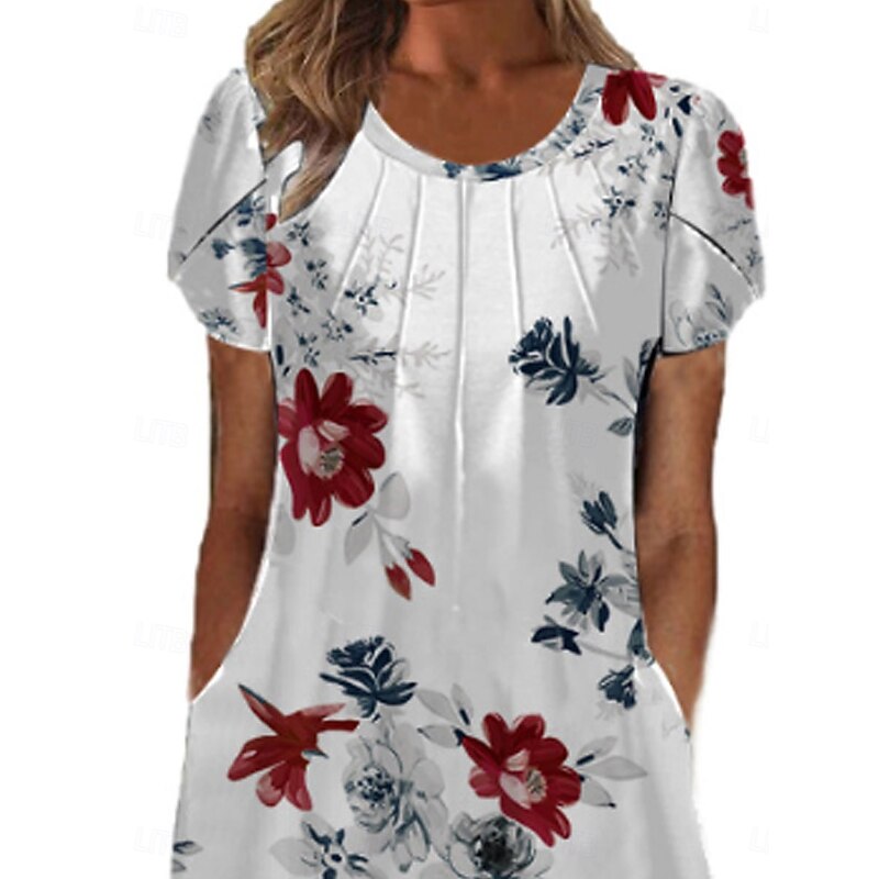 Women's Midi Dress Casual Dress A Line Dress Elegant Vintage Stylish Lantern Sleeve Vacation Daily Fall Dress Regular Fit Floral Short Sleeve Crew Neck White Light Green Green Dark Blue Spring Fall4