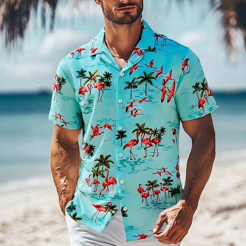 Men's Flamingo Coconut Tree Summer Hawaiian Shirt Button Up Shirt Aloha Shirt Short Sleeve Hawaiian Resort Vacation Holiday Beach Wear Summer Spring Turndown 3D Print Collared Shirts Sky Blue