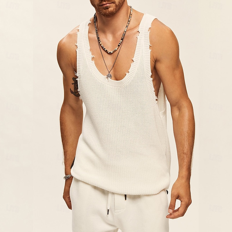 Men's Tank Top Undershirt Sleeveless Shirt Sleeveless Crew Neck Summer Solid Color Designer Distressed Knitted Vacation Home Black White Khaki Top Tee for Men