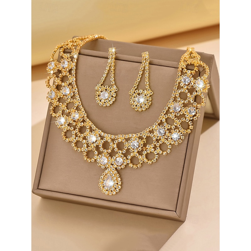 Women's Gold Crystal Necklace and Earrings Set – Elegant Rhinestone Jewelry for Weddings, Parties and Special Occasions