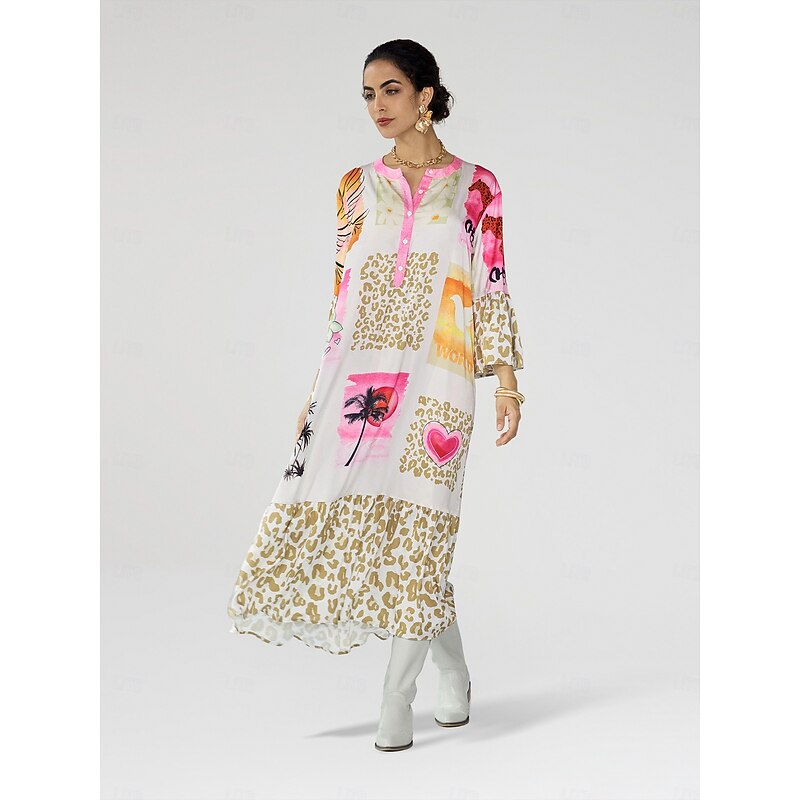 Satin Leopard Print Button Up Crew Neck Casual Daily Maxi Dress4