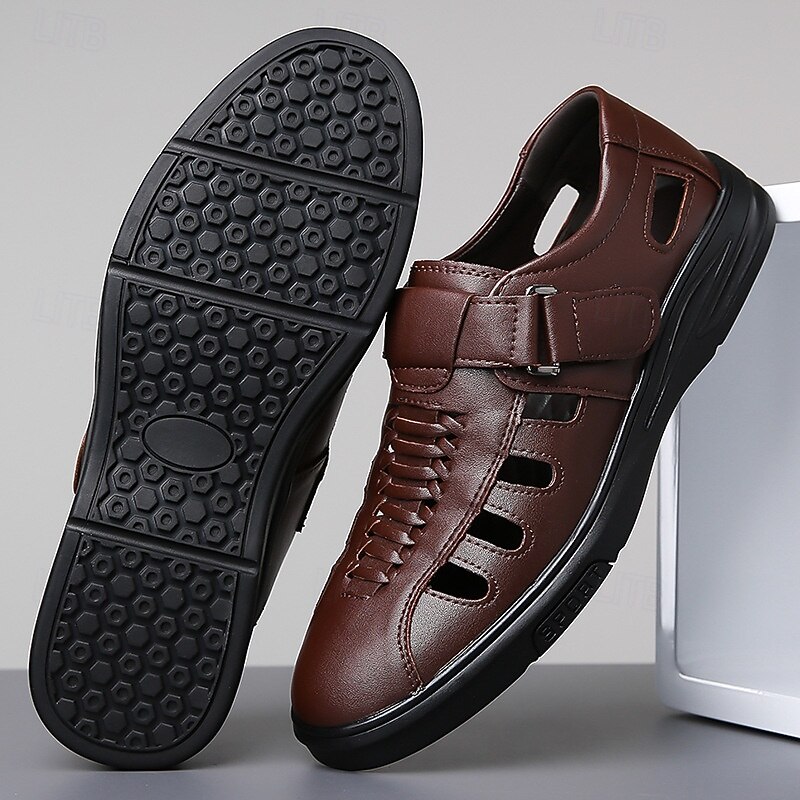 Men's Brown Faux Leather Breathable Sandals – Velcro Strap, Woven Closed-Toe Design, Comfortable Summer Footwear for Outdoor and Casual Wear2