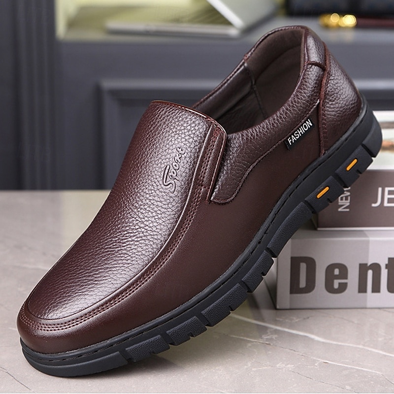 Men's Brown Slip-On Loafers with Textured Faux Leather Upper and Non-Slip Sole - Comfortable Casual Shoes for Work and Daily Wear