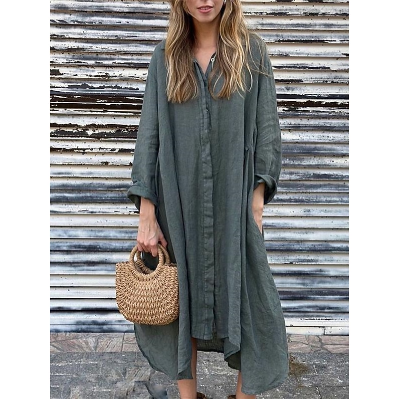 Women's Maxi Dress Cotton Linen Dresses Shirt Dress Casual Dress Cotton Maxi Dress Basic Casual Vacation Daily Regular Fit Plain Long Sleeve Shirt Collar Dark Green Apricot Gray Summer