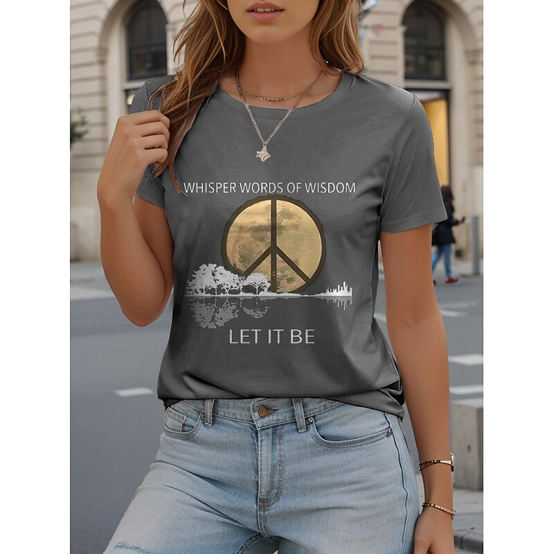 Women's T Shirt Letter Casual Short Sleeve Round Neck Regular Tops Daily Print Gray Summer2