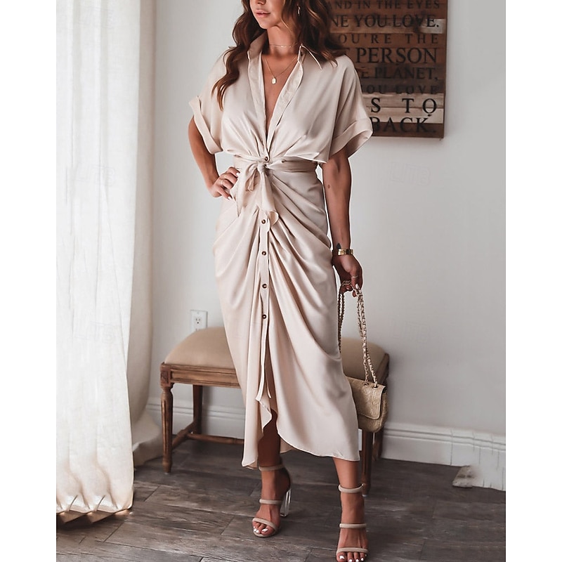 Women's Long Dress Maxi Dress Shirt Dress Casual Dress Summer Dress Stylish Casual Vacation Daily Date Regular Fit Plain Short Sleeve Lapel Black Champagne Red Light Purple Summer Spring4