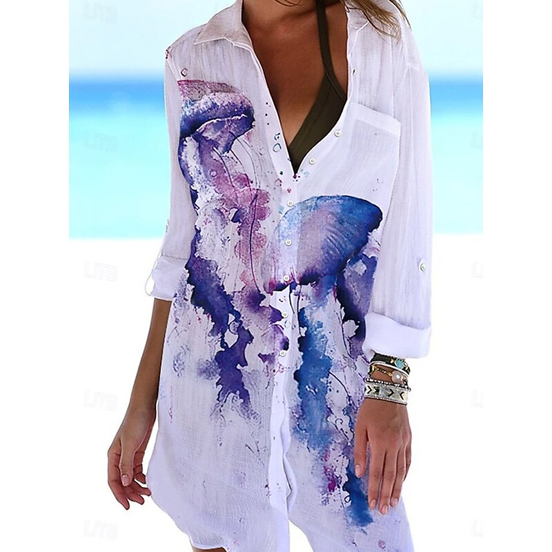Women's Mini Dress Shirt Dress Cover Up Beach Wear Mini Dress Pocket Print Fashion Casual Fish Turndown 3/4 Length Sleeve Loose Fit Outdoor Daily White Blue 2023 Summer Spring S M L XL2