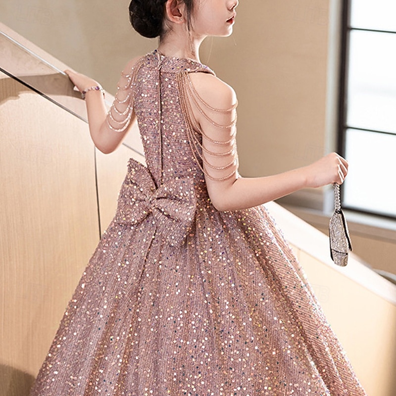 Flower Girl Dress Kid's Girls' Princess Dress Performance Wedding Party Elegant Beautiful Sequins Solid Color Sleeveless Crew Neck Black Red 4 years+4