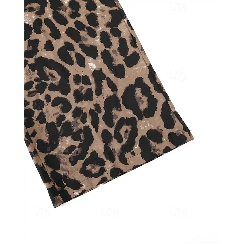 Women's Wide Leg Pants Trousers Lightweight Casual Full Length Mid Rise Leopard Pocket Drawstring Breathability Comfortable Inelastic Home Casual Daily sepia Summer Spring Regular Fit3