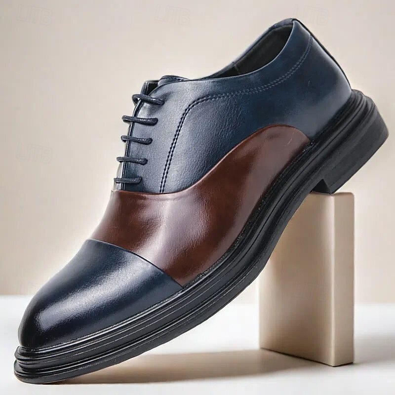 Men's Two-Tone Faux Leather Dress Shoes – Classic Lace-Up Oxford Style with Brown and Blue Accent, Formal and Business Casual Footwear for Professional Events