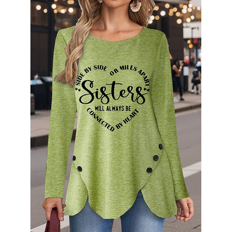 Women's T Shirt Heart Letter Casual Long Sleeve Crew Neck Regular Tops Daily Buttons Print Asymmetrical Green Spring Fall