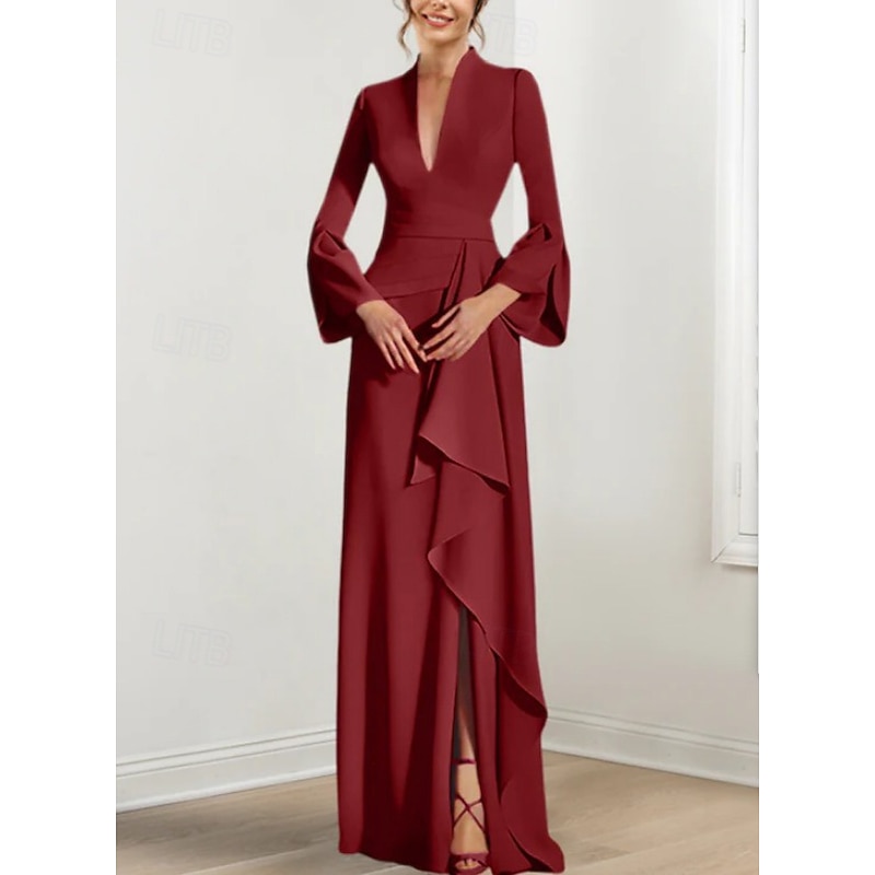 Mermaid / Trumpet Evening Gown Elegant Dress Formal Wedding Guest Sweep / Brush Train Long Sleeve V Neck Stretch Crepe with Pleats Ruched Strappy4