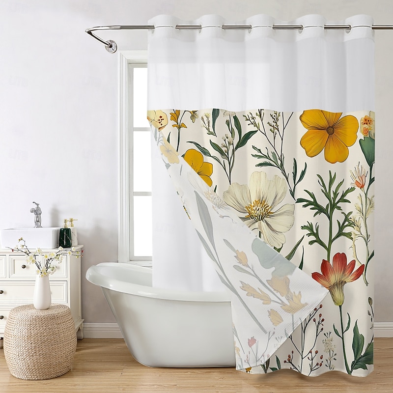 Flower Waffle-Weave Textured Shower Curtain Set with Snap-in Liner and Sheer Window Water-Repellent Polyester,Grommet Top,120GSM Hotel Quality Spa Style Bathroom Partition No Hooks Required2