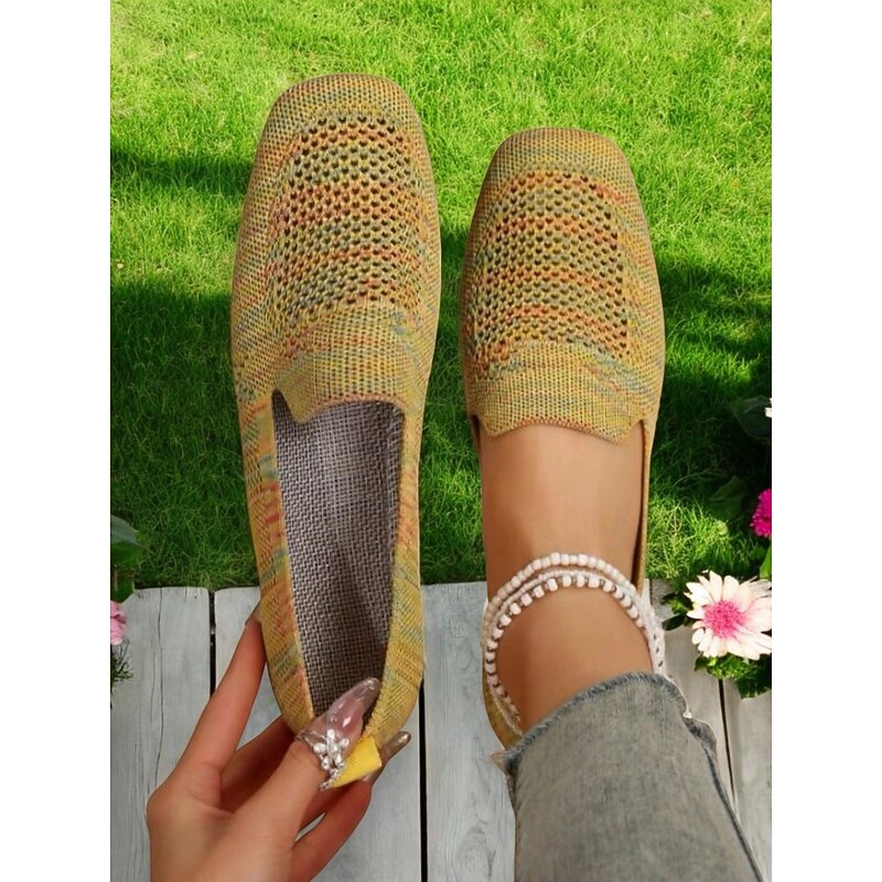Women's Foldable Yellow Knit Flats with Breathable Design  - Lightweight Travel Shoes for Casual and Outdoor Activities