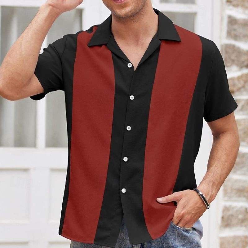 Men's Shirt Summer Shirt Casual Shirt Bowling Shirt Button Up Shirt Black White Blue Red Green Short Sleeve Color Block Turndown Vacation Street Print Clothing Apparel Polyester Fashion 1950s Casual