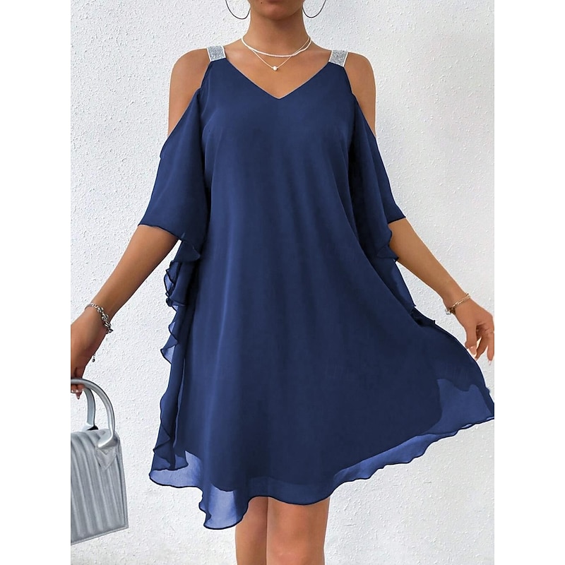 Women's Mini Dress Cocktail Dress Wedding Guest Dress Chiffon Dress Elegant Cold Shoulder Daily Loose Fit Solid Color Sleeveless V Neck Navy Blue Summer Spring Fall4
