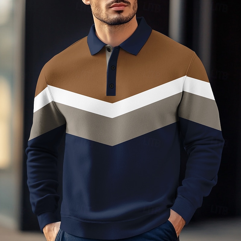 Men's Stripes Rugby Polo Cable Knit Polo Long Sleeve Polo Shirts Collared Shirts Casual Outdoor Athleisure 3D Print Spring Fall Winter Black Blue Green2