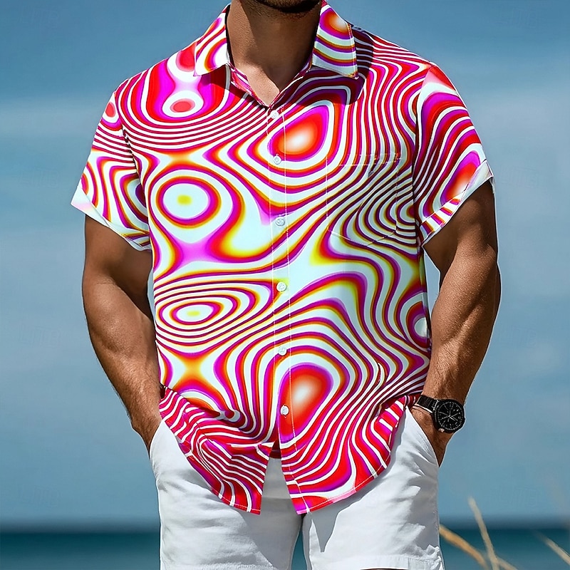 Men's Optical Illusion Geometic Shirt Button Up Shirt Short Sleeve Fashion Casual Vacation Holiday Beach Wear Summer Fall Turndown 3D Print Collared Shirts Front One Pocket Rose Red