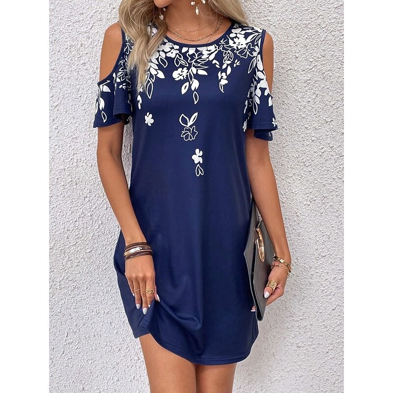 Women's Mini Dress Casual Dress Tank Dress Stylish Casual Vacation Daily Regular Fit Floral Short Sleeve Crew Neck Dark Blue Summer