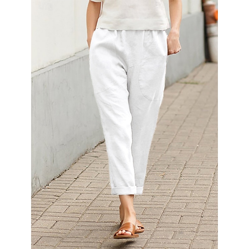 Women's Cotton Linen Pants Chinos Fashion Streetwear Full Length High Waist Plain Pocket Elastic Waistband Comfy Soft Comfortable Micro-elastic Outdoor Street White Red Khaki Summer Spring Regular Fit2