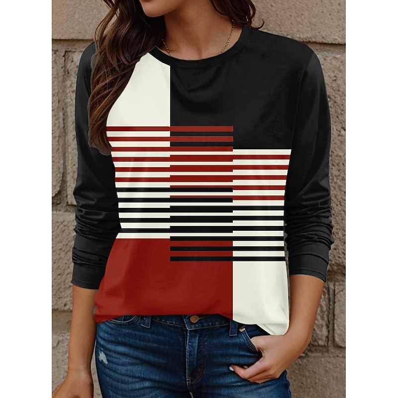 Women's T shirt Long Sleeve Crew Neck Long Sleeve Tunic Color Block Casual Long Tops Daily Print Red Fall Winter Prefall