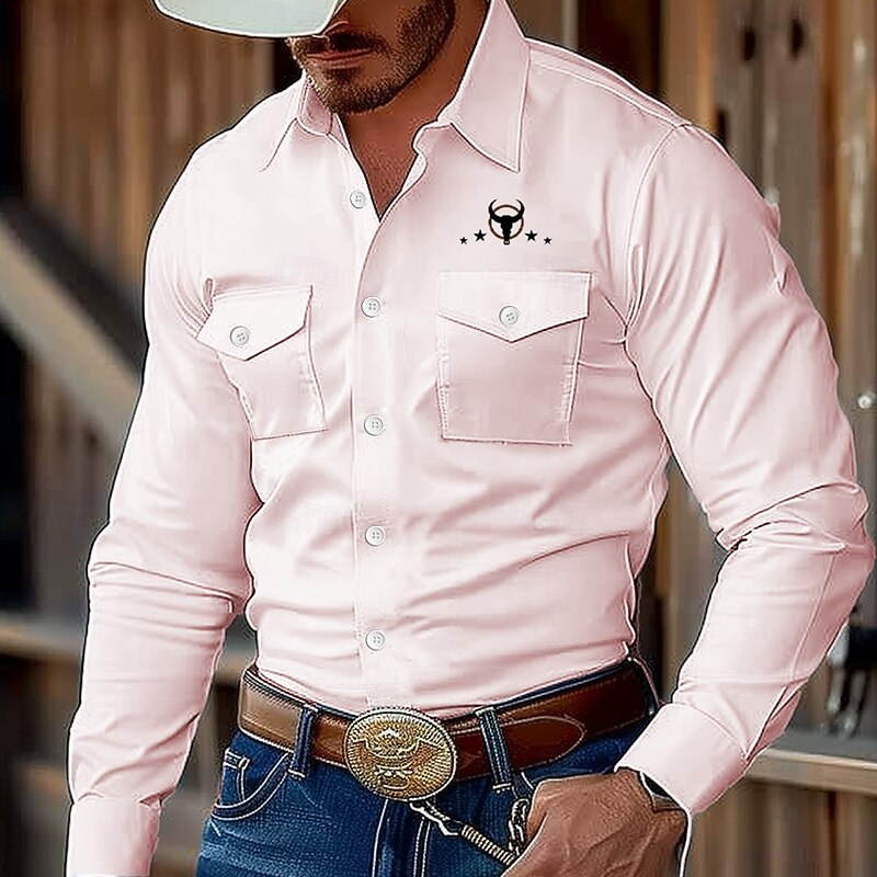 Men's Cow Print Western Shirt Button Up Shirt Shirt Jacket Long Sleeve Fashion Casual Outdoor Streetwear Spring Fall Turndown Collared Shirts Front Two Pockets Light Blue White Pink2