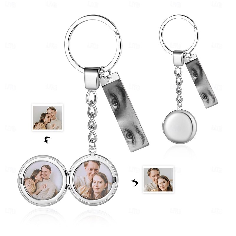 Personalized Keychain with Round & Rectangle Pendants Custom Best Gift for Mom - Stainless Steel Engraved with 2 Photos and Eye Picture, Perfect Wedding Gift for Couple