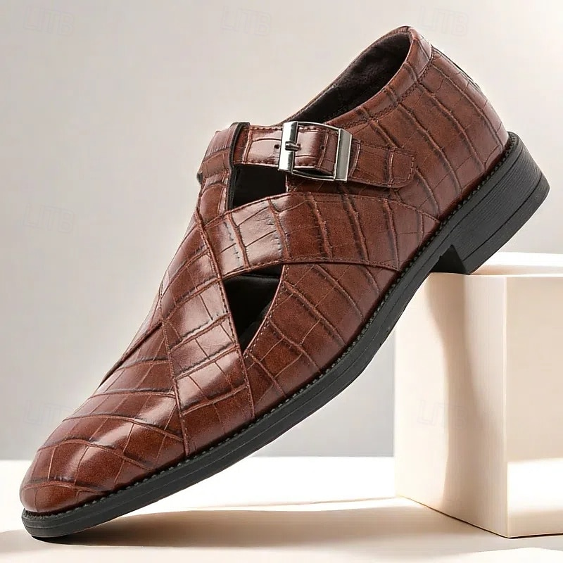 Men's Brown Crocodile Pattern Faux Leather  Sandals – Elegant Breathable Formal Shoes for Summer Weddings and Parties