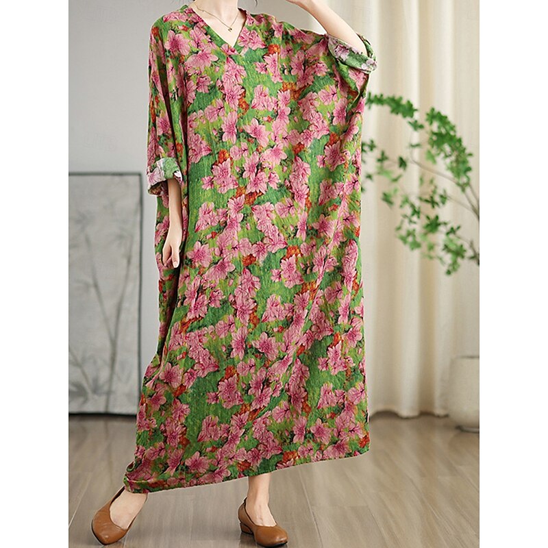 Women's Maxi Dress Linen-Inspired Dresses Casual Dress Stylish Casual Vacation Daily Regular Fit Floral Long Sleeve V Neck Red Spring Fall4