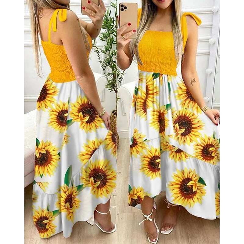 Women's Long Dress Maxi Dress A Line Dress Floral Dress Summer Dress Cami Dress Elegant Stylish Vacation Daily Date Regular Fit Floral Sleeveless Square Neck Yellow Pink Red Dark Blue Summer3