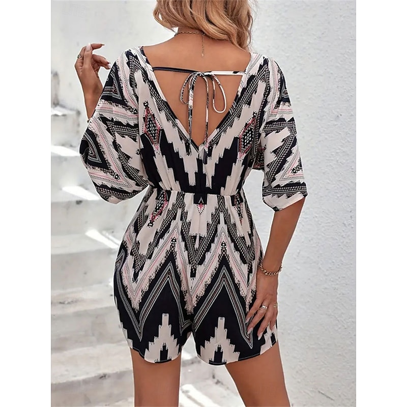 Women's Normal Romper Active Geometric Short Sleeve V Neck High Waist Print Vacation Daily Regular Fit Black Summer2