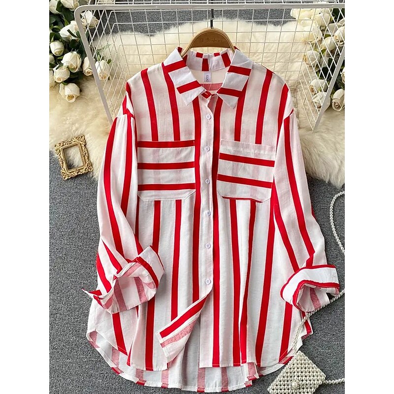 Women's Shirt Blouse Striped Stylish Casual Long Sleeve Shirt Collar Regular Tops Daily Buttons Black Yellow Red Green Summer Spring Fall4