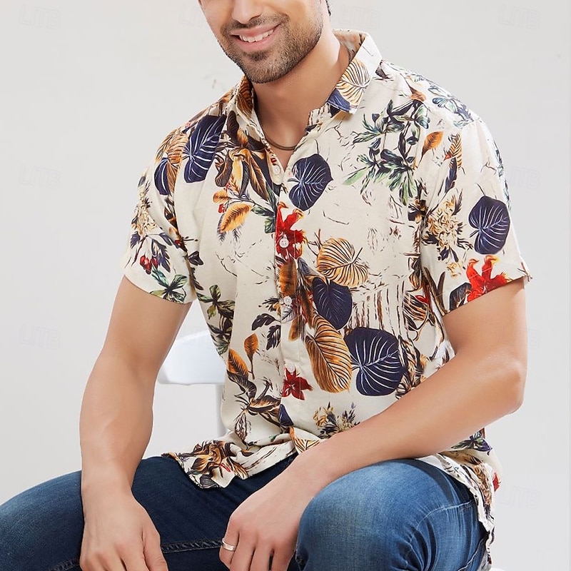 Men's Floral Tropical Plants Flowers Summer Hawaiian Shirt Aloha Shirt Short Sleeve Hawaiian Resort Vacation Holiday Beach Wear Summer Spring Turndown Button Up Beige3