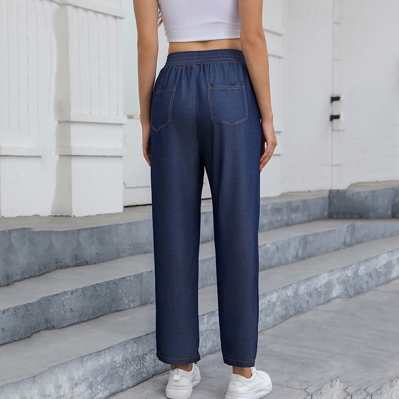 Women's Jeans Linen Pants Pants Trousers Lightweight Casual Full Length Mid Rise Plain Pocket Breathability Comfortable Inelastic Home Casual Daily Light Sky Blue Navy Summer Spring Regular Fit4