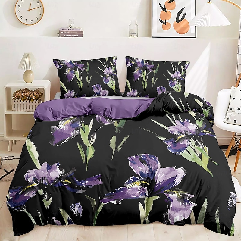 Purple Black Floral Series Duvet Cover Set King Queen Size 3-Piece Set Microfiber Bedding Set Perfect for Mother's Day Gift Super Soft Skin Friendly Long Lasting2