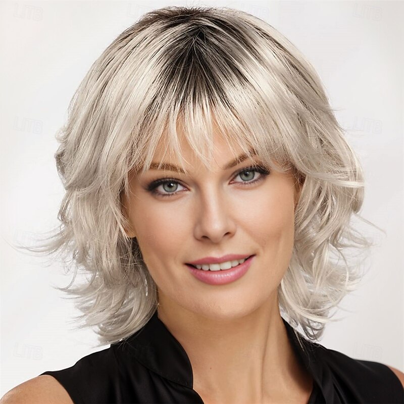 Modern Shag Wig with Eyelash Bang and Textured Layers / Multi-Tonal Shades of Blonde Silver Brown and Red