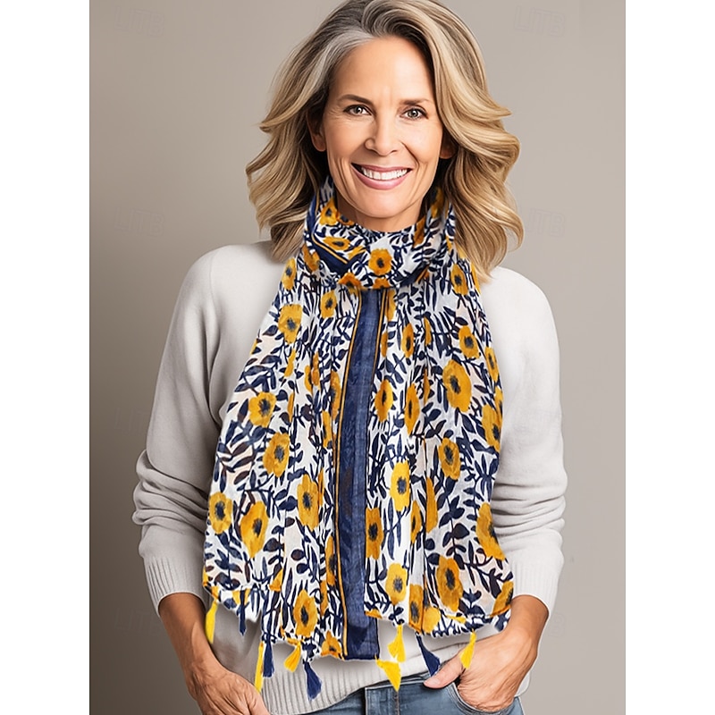Floral Print Lightweight Scarf with Tassel Details, Boho Chic Style Wrap for Women, Perfect for Spring, Summer, and Casual Outfits