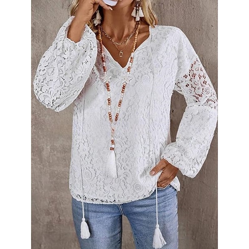 Women's White Elegant Lace Tops Eyelet Blouse Casual Solid Color Regular Tops Long Sleeve V Neck Lace Patchwork Regular Fit Daily Romantic Petite Tops Summer Holiday Wear White Red3
