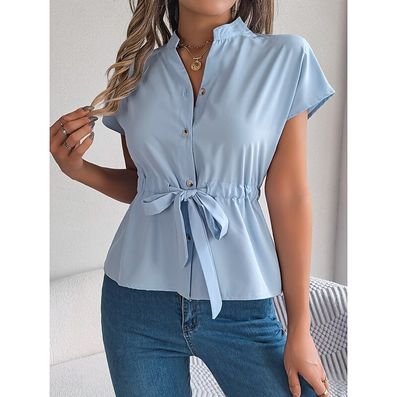 Women's Shirt Blouse Solid Color Daily Business Short Sleeve Turtleneck Regular Tops Daily Tie Front Buttons White Light Blue Summer3