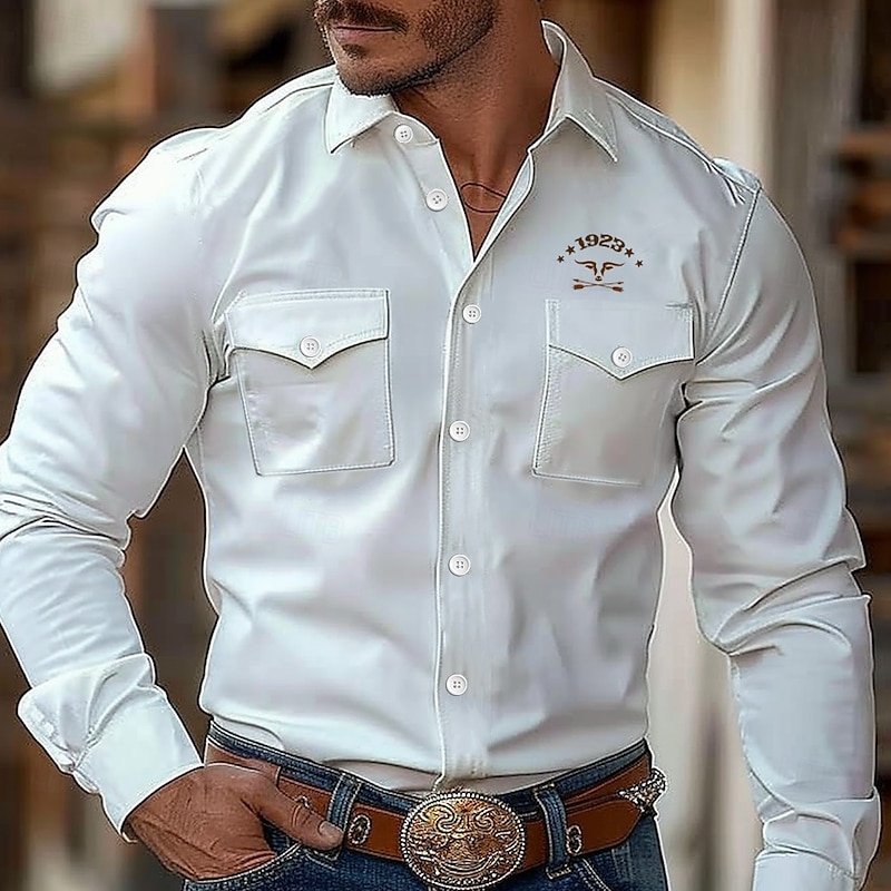 Men's Cow Letter Printed Western Shirt Button Up Shirt Shirt Jacket Long Sleeve Fashion Casual Outdoor Streetwear Spring Fall Turndown Collared Shirts Front Two Pockets White Pink Light Blue