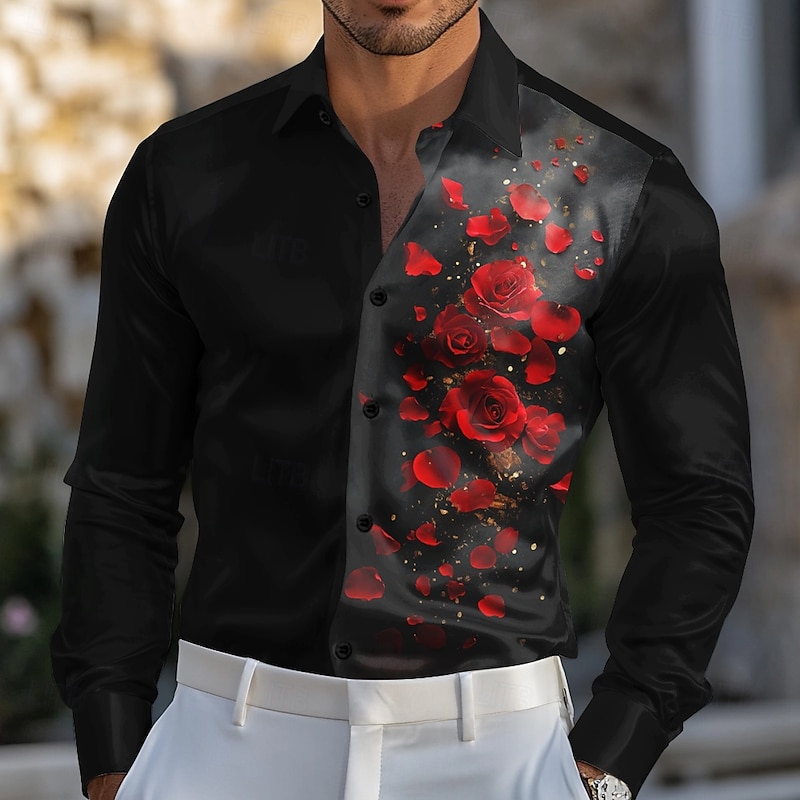 Men's Rose Floral / Flower Satin Shirt Dress Shirt Button Up Shirt Long Sleeve Fashion Casual Wedding Vacation Evening Party Summer Spring Turndown Collared Shirts 3D Print Yellow Red Blue Purple