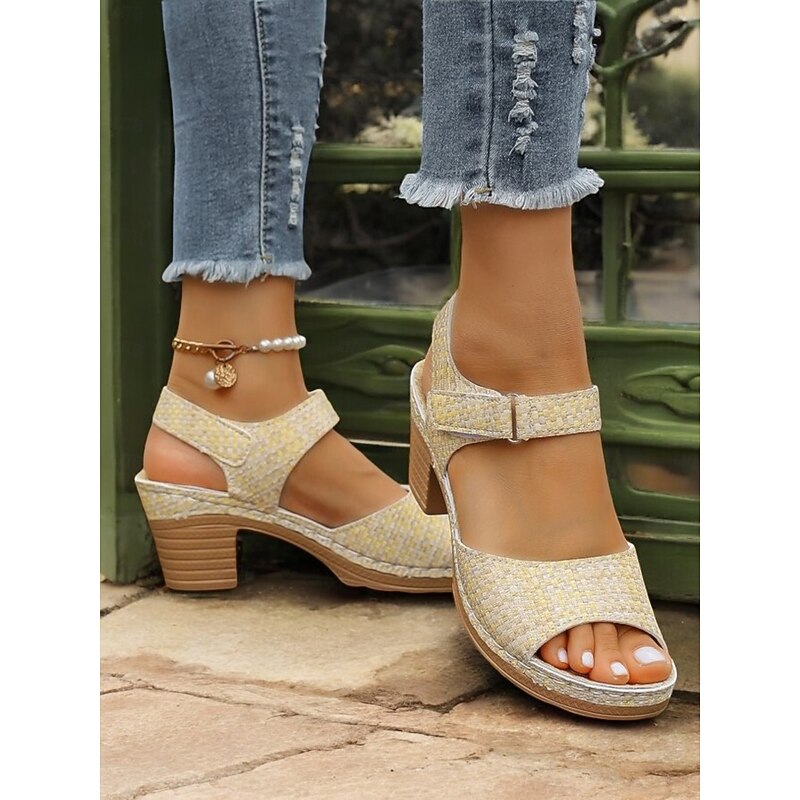 Women's Yellow Woven Block Heel Sandals with Adjustable Strap, Comfortable Open-Toe Design, Perfect for Summer Outings, Casual Wear, and Beach Vacations