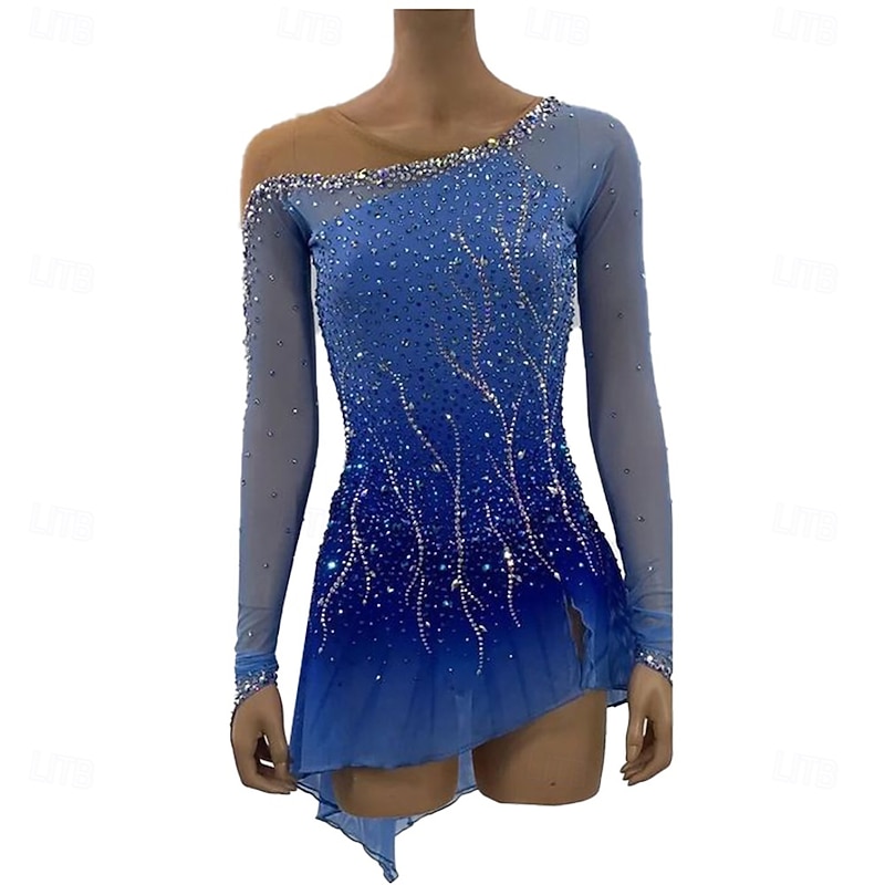 Figure Skating Dress Women's Girls' Ice Skating Dress Blue Patchwork Asymmetric Hem Mesh Spandex Stretchy Training Practice Professional Skating Wear Crystal / Rhinestone Long Sleeve Figure Skating