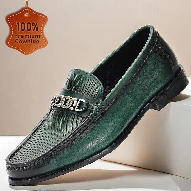 Men's Green Leather Loafers – Premium Cowhide with Metal Chain Accent, Breathable Design for Formal and Casual Wear