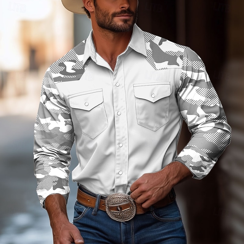 Men's Camouflage Western Shirt Long Sleeve Western Sports Outdoor Spring Fall Turndown Button Up 2 Pockets White Blue Brown Green