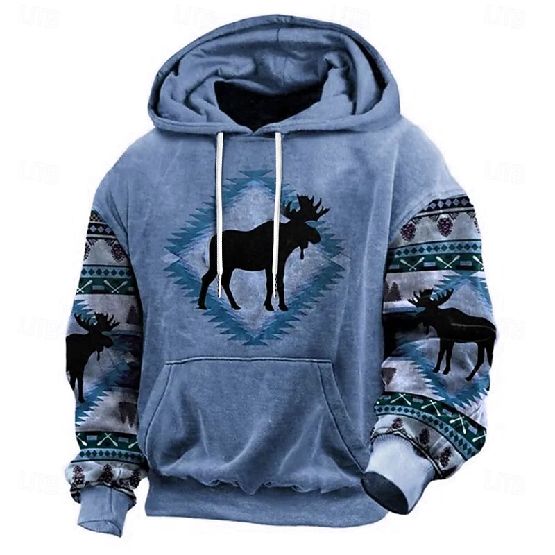 Men's Reindeer Tribal Graphic Prints Hoodie Hoodies Sweatshirt Daily Ethnic Long Sleeve Hooded Holiday Going out Streetwear Blue Sky Blue Print Spring &  Fall Designer3