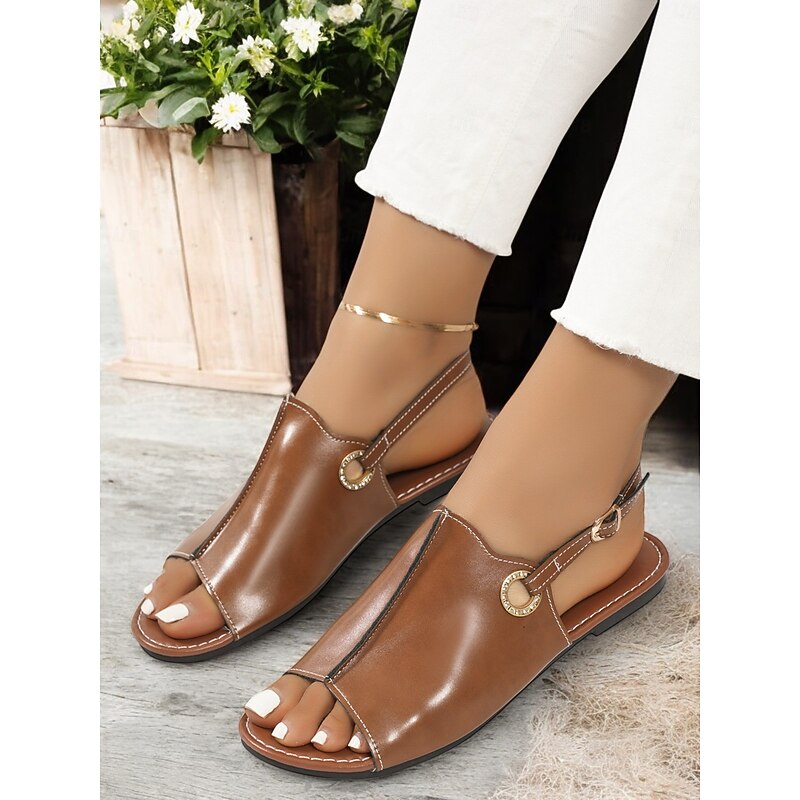 Women's Brown Open-Toe Faux Leather Sandals – Casual Slingback Flats with Rhinestone Buckle for Summer & Everyday Wear3